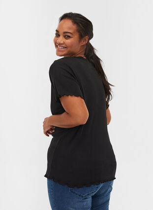 Kurzarm T-Shirt aus Ripp mit Spitze, Black, Model image number 1