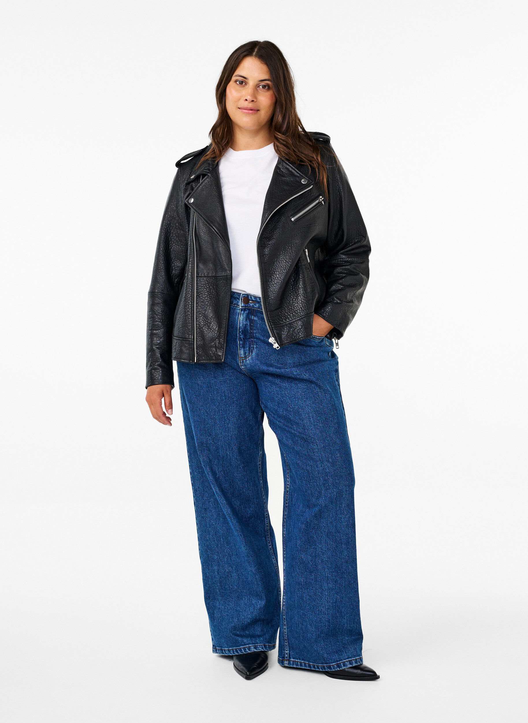 ZizziBikerjacke aus Leder mit Taschen, Black, Model image number 2