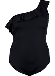 One-Shoulder Badeanzug mit Volant, Black, Packshot