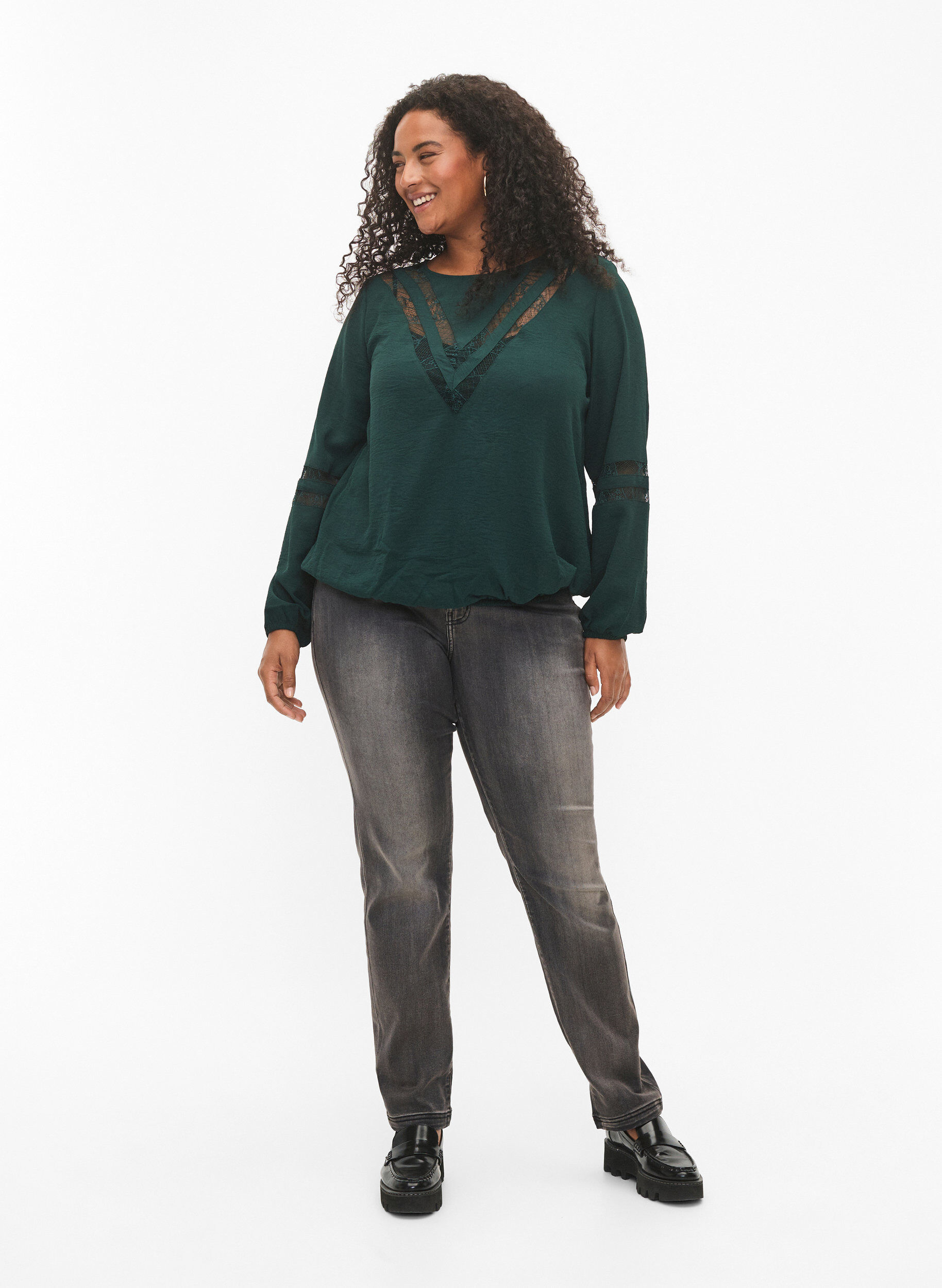 Zizzi Langarm-Bluse mit Spitze, Scarab, Model image number 2