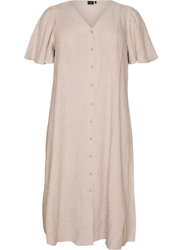 Midikleid aus Leinen und Viskose mit R&uuml;schen&auml;rmeln, Beige, Packshot image number 0