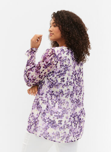 Geblümte Bluse mit langen Ärmeln und V-Ausschnitt, Beige/Purple Flower, Model image number 1