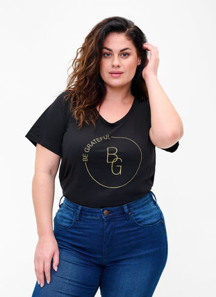Kurzarm T-Shirt mit Print, Black BG, Model image number 0
