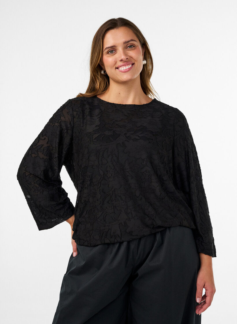 Transparente Bluse mit floraler Struktur und langen &Auml;rmeln, Schwarz, Model image number 0