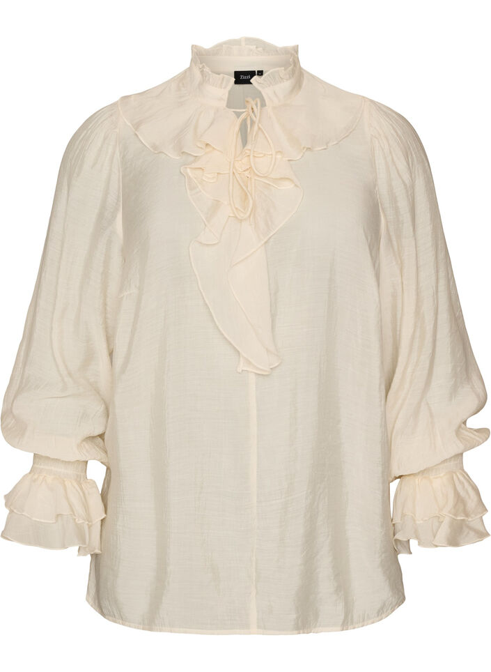 Viskosebluse mit R&uuml;schen und langen &Auml;rmeln, Vanille, Packshot image number 0