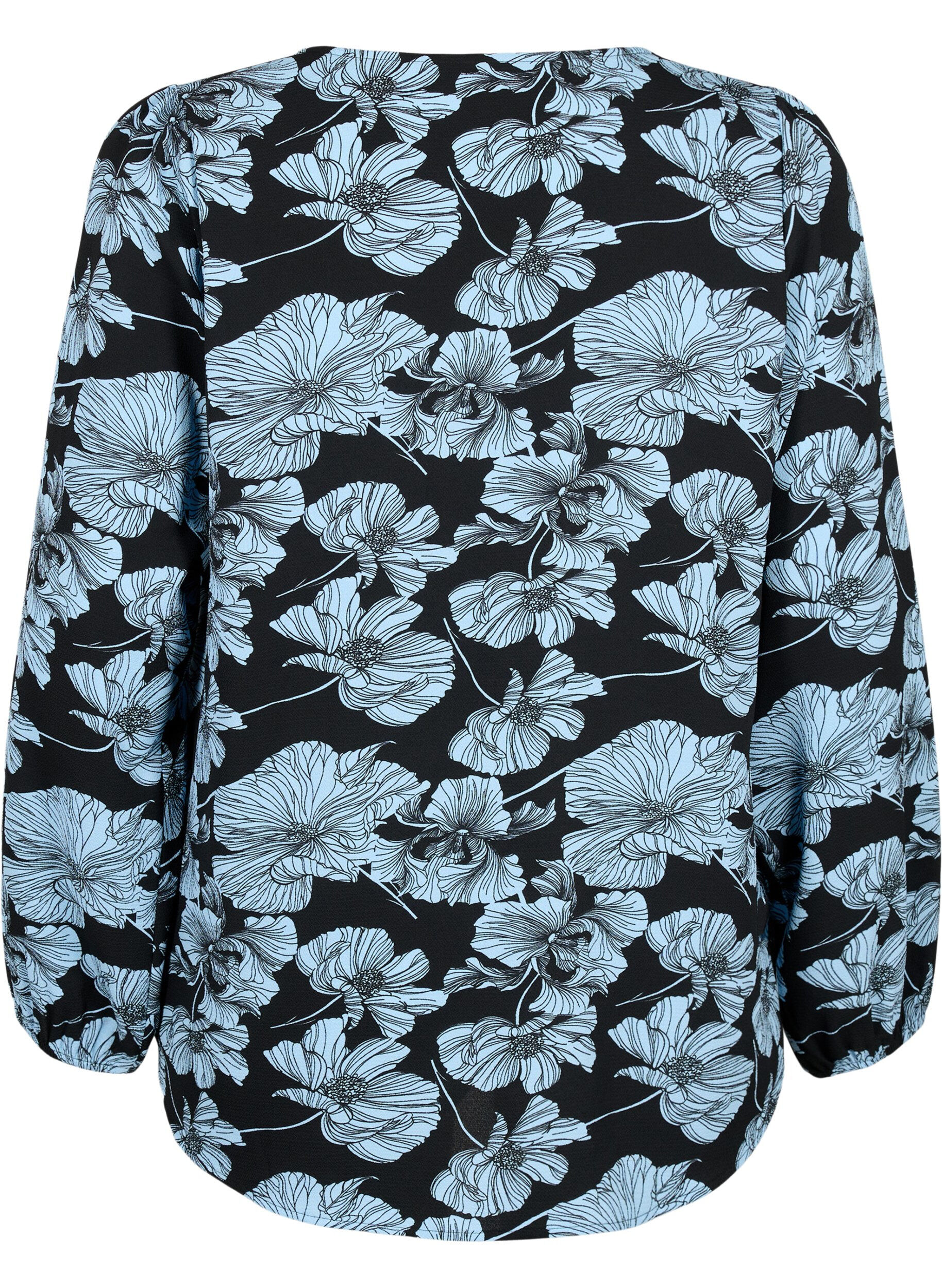 Zizzi Hemdbluse mit V-Ausschnitt und Aufdruck, Black B. Flower AOP, Packshot image number 1
