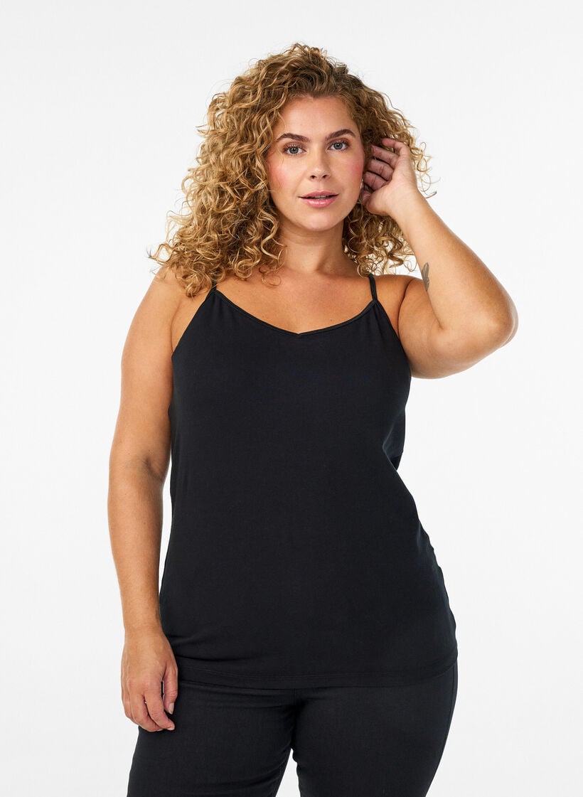 Basic-Spaghettitr&auml;ger-Top aus Baumwolle, Schwarz, Model image number 0