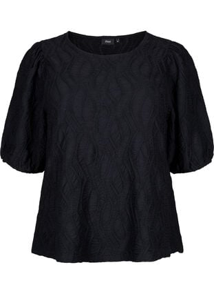 Strukturierte Bluse mit kurzen Ärmeln, Black, Packshot image number 0