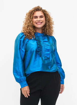Glänzende Hemdbluse mit Rüschen, Diva Blue, Model image number 0