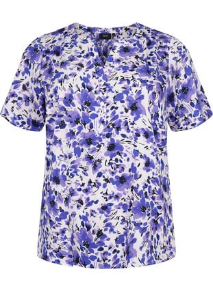 Bluse mit kurzen Ärmeln und V-Ausschnitt , Purple Small Flower, Packshot image number 0