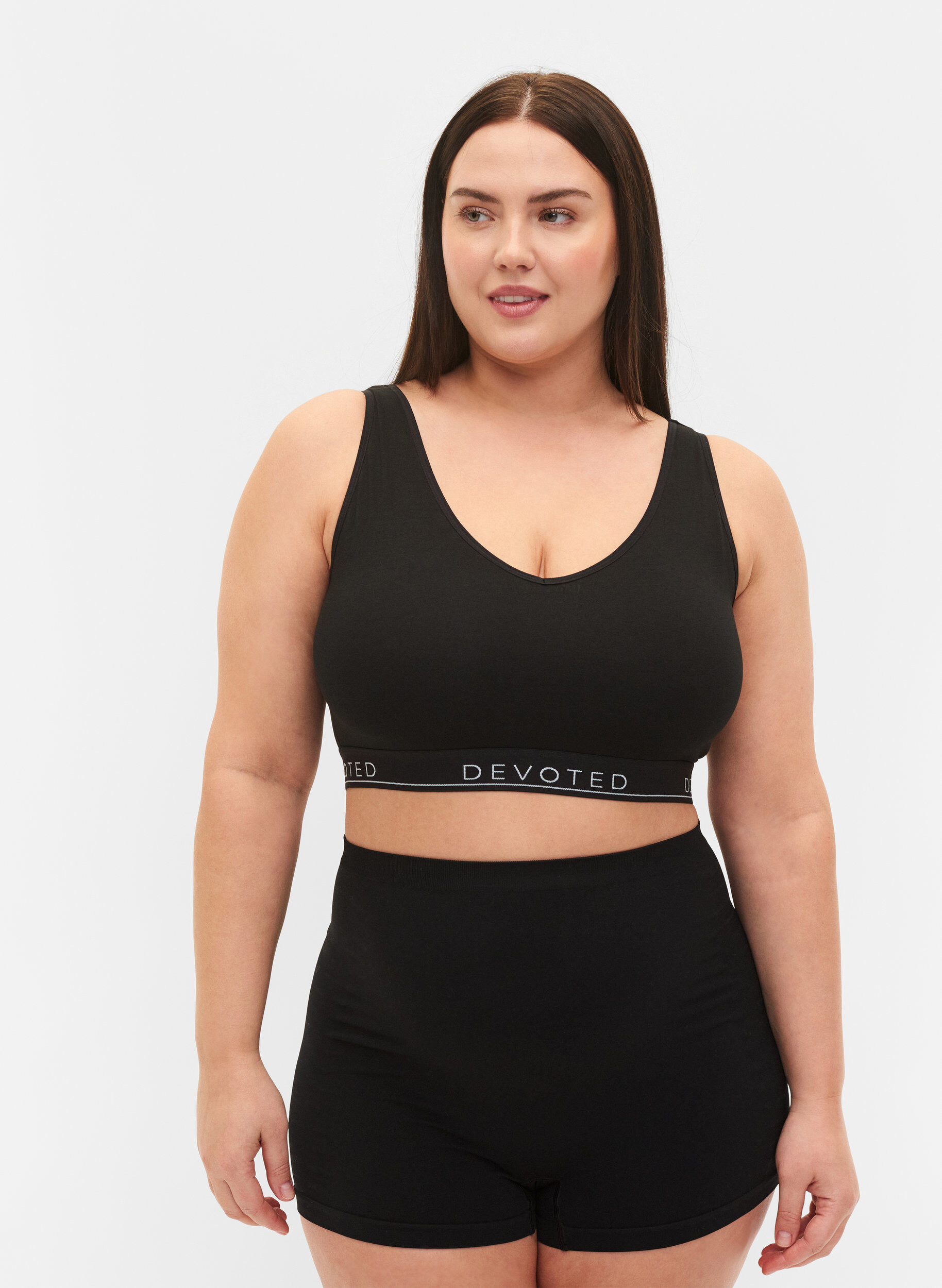 ZizziBaumwoll-BH mit V-Ausschnitt und Textdruck, Schwarz, Model image number 1