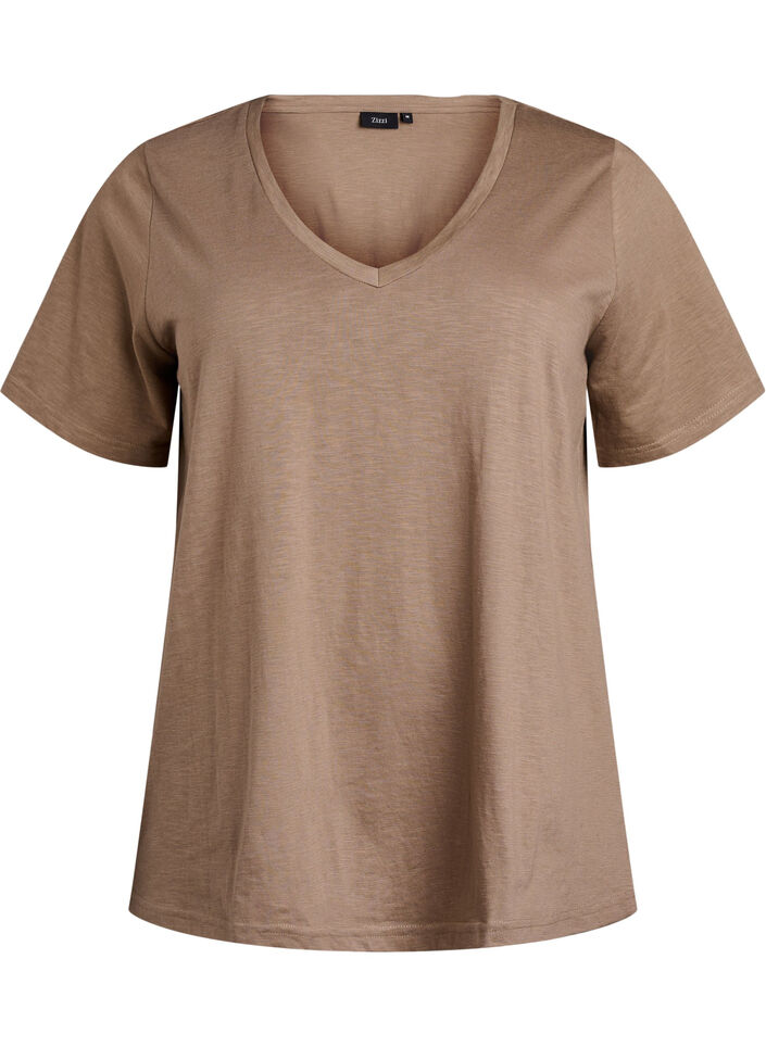 Kurz&auml;rmliges Basic-T-Shirt mit V-Ausschnitt, Braun, Packshot image number 0