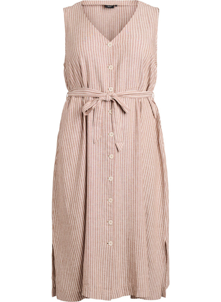 &Auml;rmelloses gestreiftes Midikleid aus Leinen und Viskose, Beige, Packshot image number 0