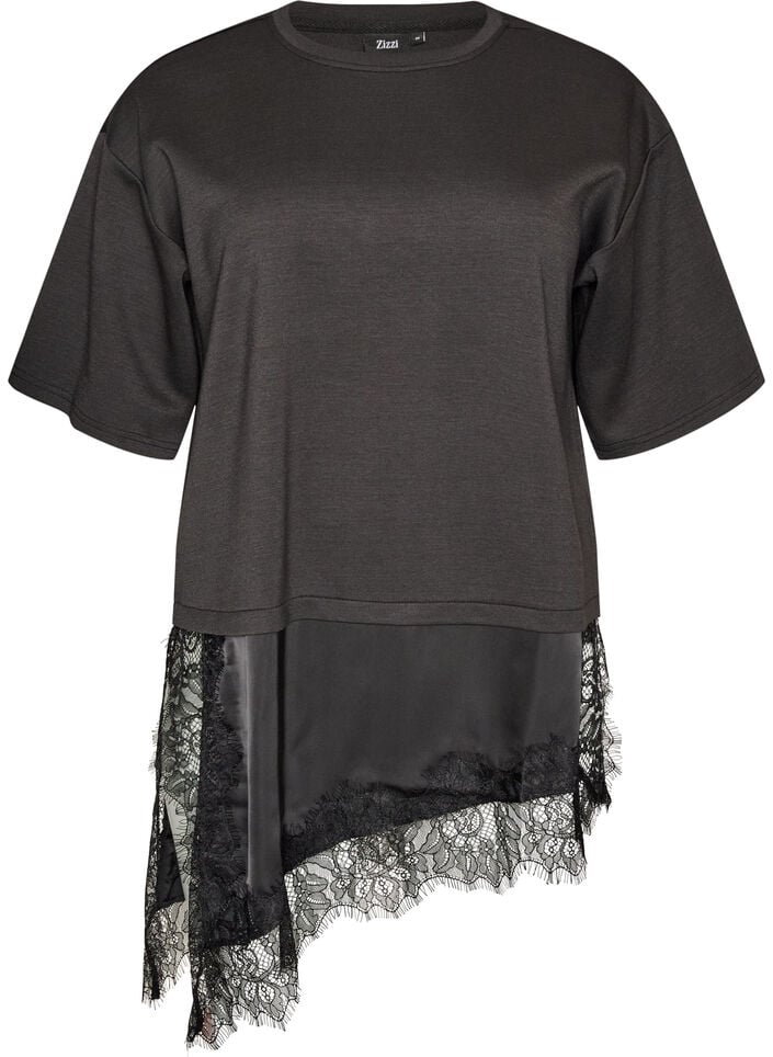 Jerseybluse im Lagenlook mit Spitze, Schwarz, Packshot image number 0