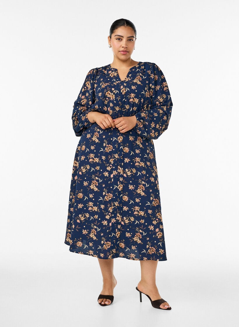 Midikleid mit Smock und Zierkn&ouml;pfen, Blau, Model image number 0