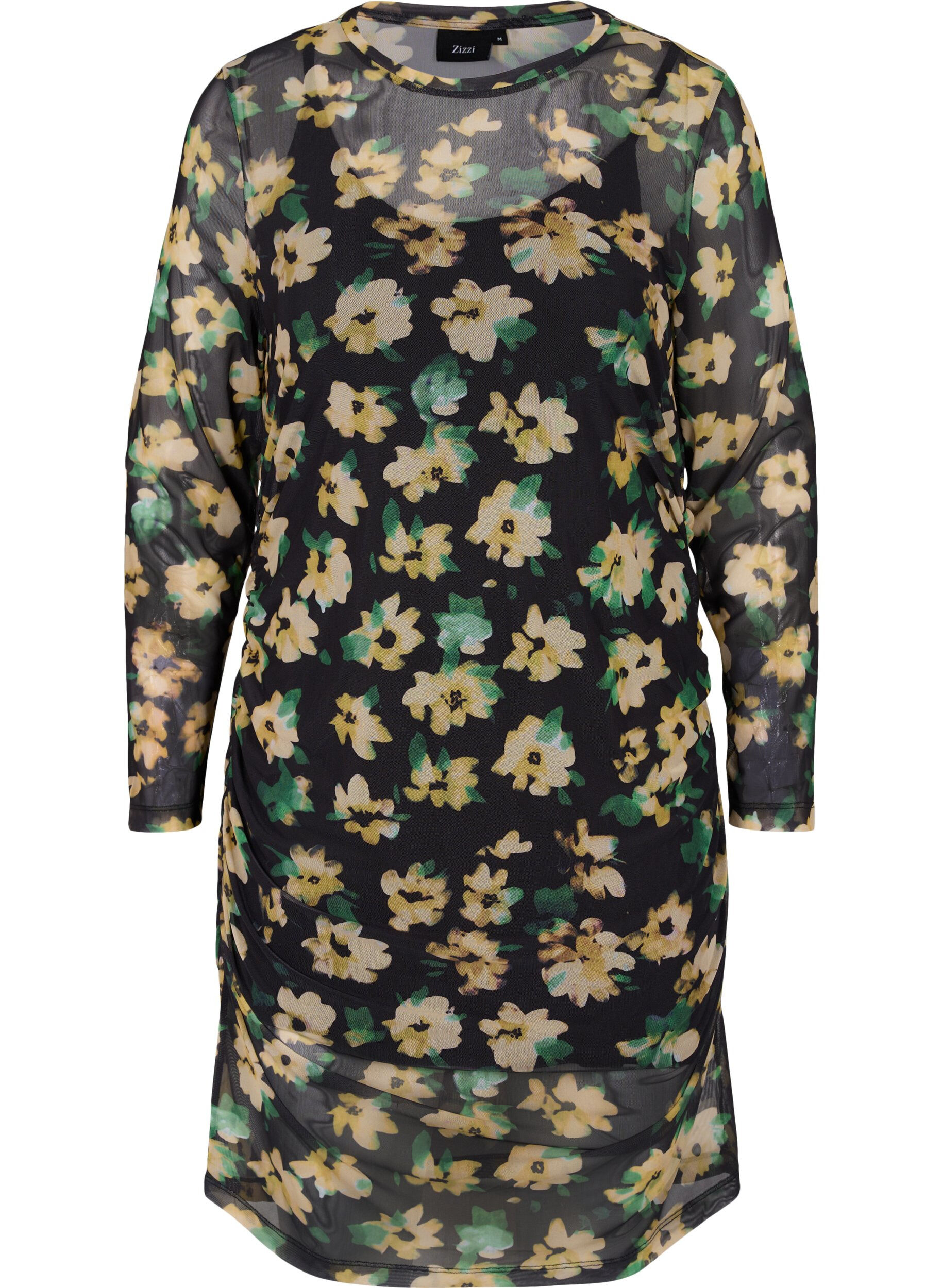 ZizziEng anliegendes Netzkleid mit 3/4-&Auml;rmeln, Yellow Green AOP, Packshot image number 0