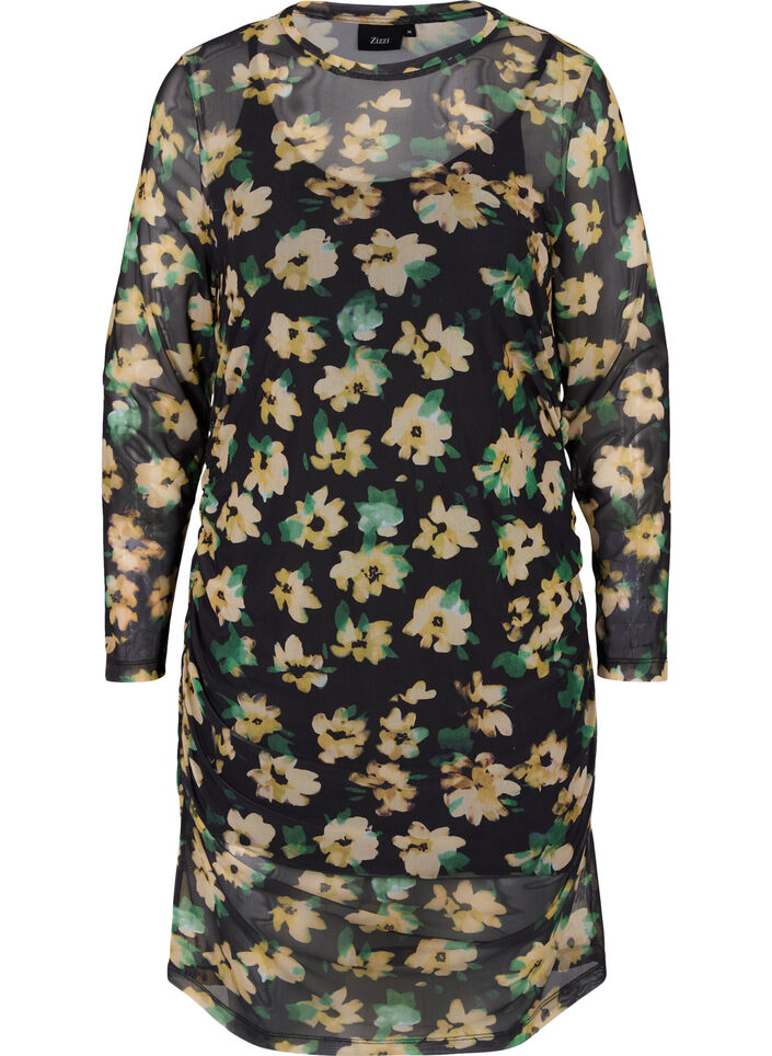 Eng anliegendes Netzkleid mit 3/4-Ärmeln, Yellow Green AOP, Packshot image number 0