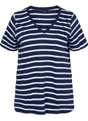 Gestreiftes Baumwoll T-Shirt mit V-Ausschnitt, Navy B White Stripe, Packshot image number 0