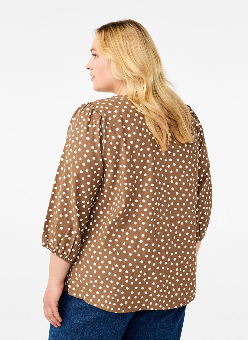 Gepunktete Baumwollbluse mit 3/4-Arm, Coca Mocha Dot , Model image number 1