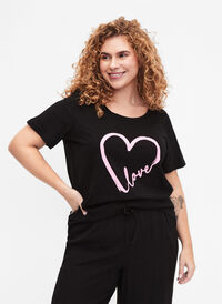 T-Shirt aus Baumwolle mit Rundhalsausschnitt und Aufdruck, Black W. Heart L., Model