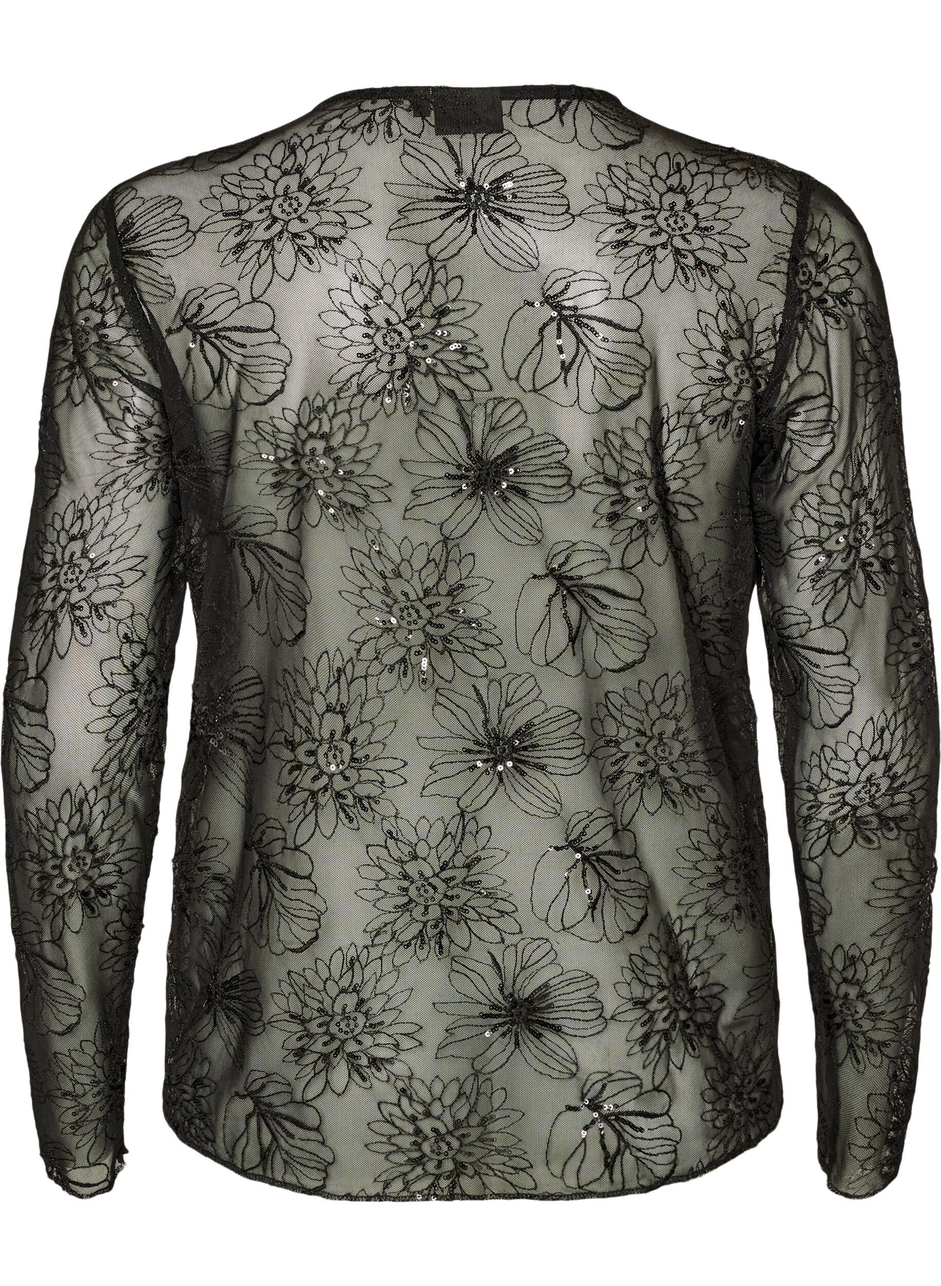 ZizziBluse aus Mesh mit Blumen und Pailletten, Schwarz, Packshot image number 1