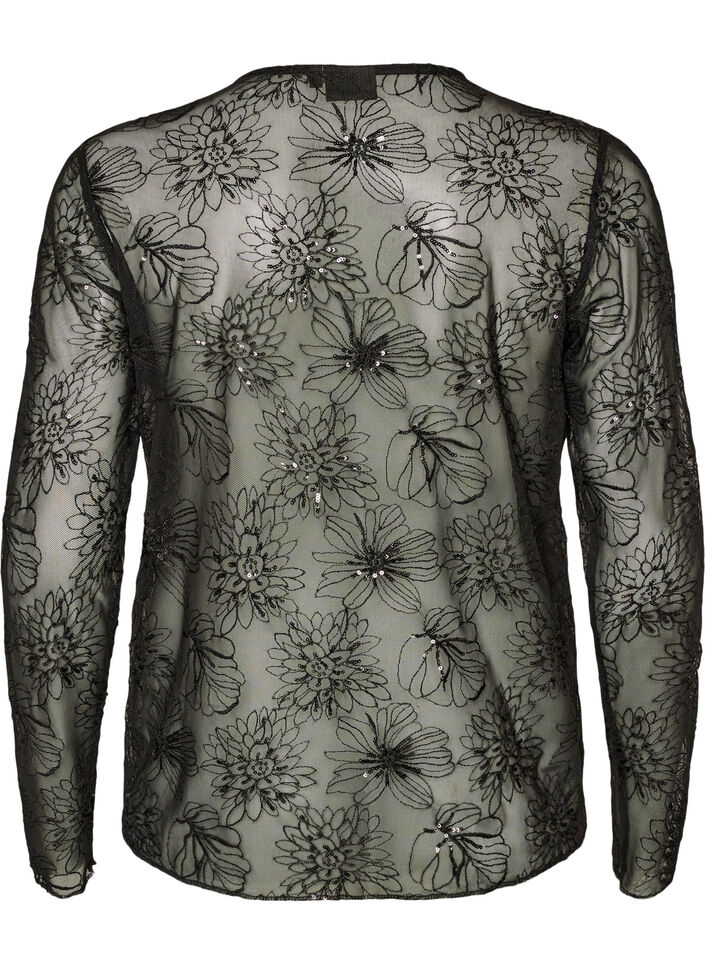 Bluse aus Mesh mit Blumen und Pailletten, Schwarz, Packshot image number 1