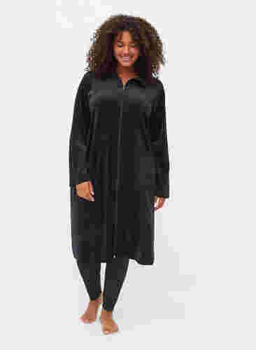 Velourskleid mit Reißverschluss und Taschen, Black, Model image number 2