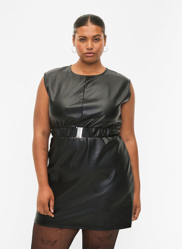 Kurzes Kleid im Lederlook, Black, Model image number 0