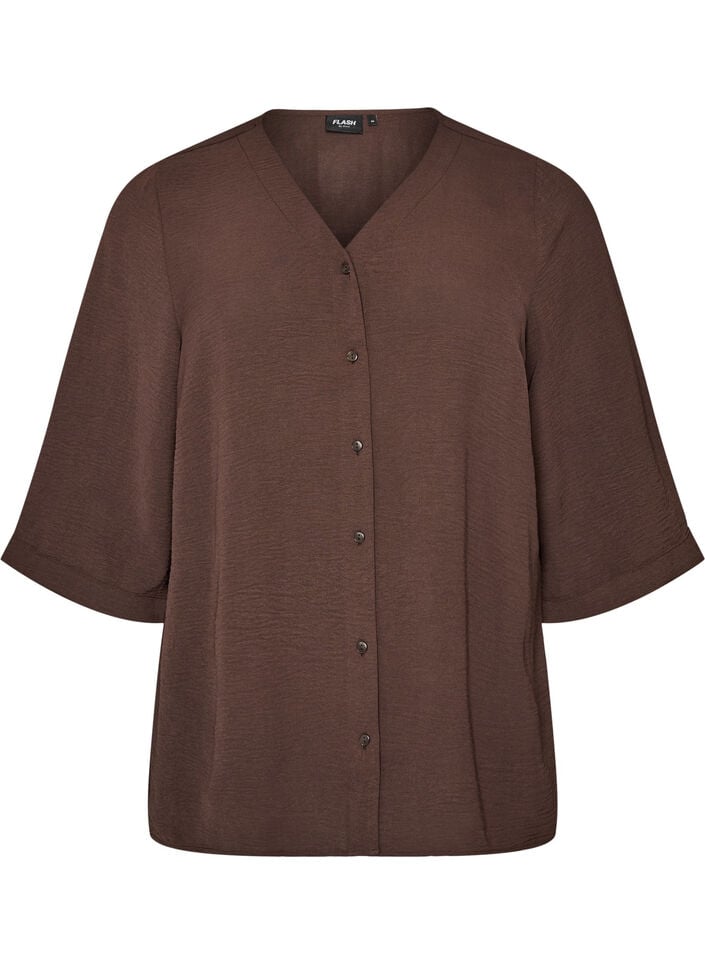 Bluse mit V-Ausschnitt und 3/4-&Auml;rmeln, Braun, Packshot image number 0
