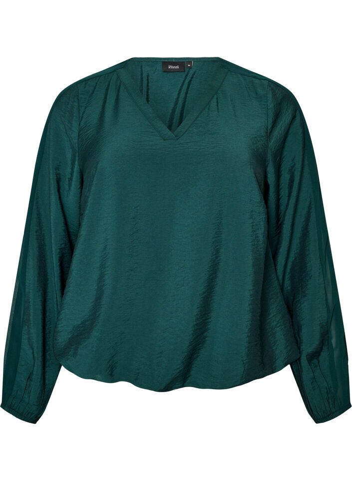Bluse mit Balloneffekt und Chiffondetails, Gr&uuml;n, Packshot image number 0