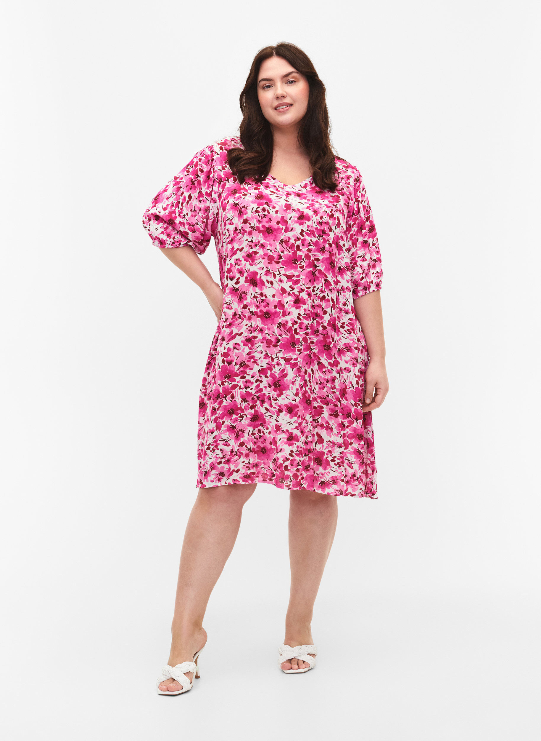 ZizziGebl&uuml;mtes Kleid aus Viskose mit A-Linie, Pink Flower Rain, Model image number 2