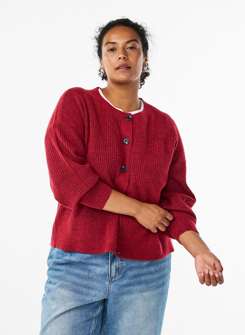 Rippenstrick Strickjacke mit Knöpfen, Rot, Model image number 0