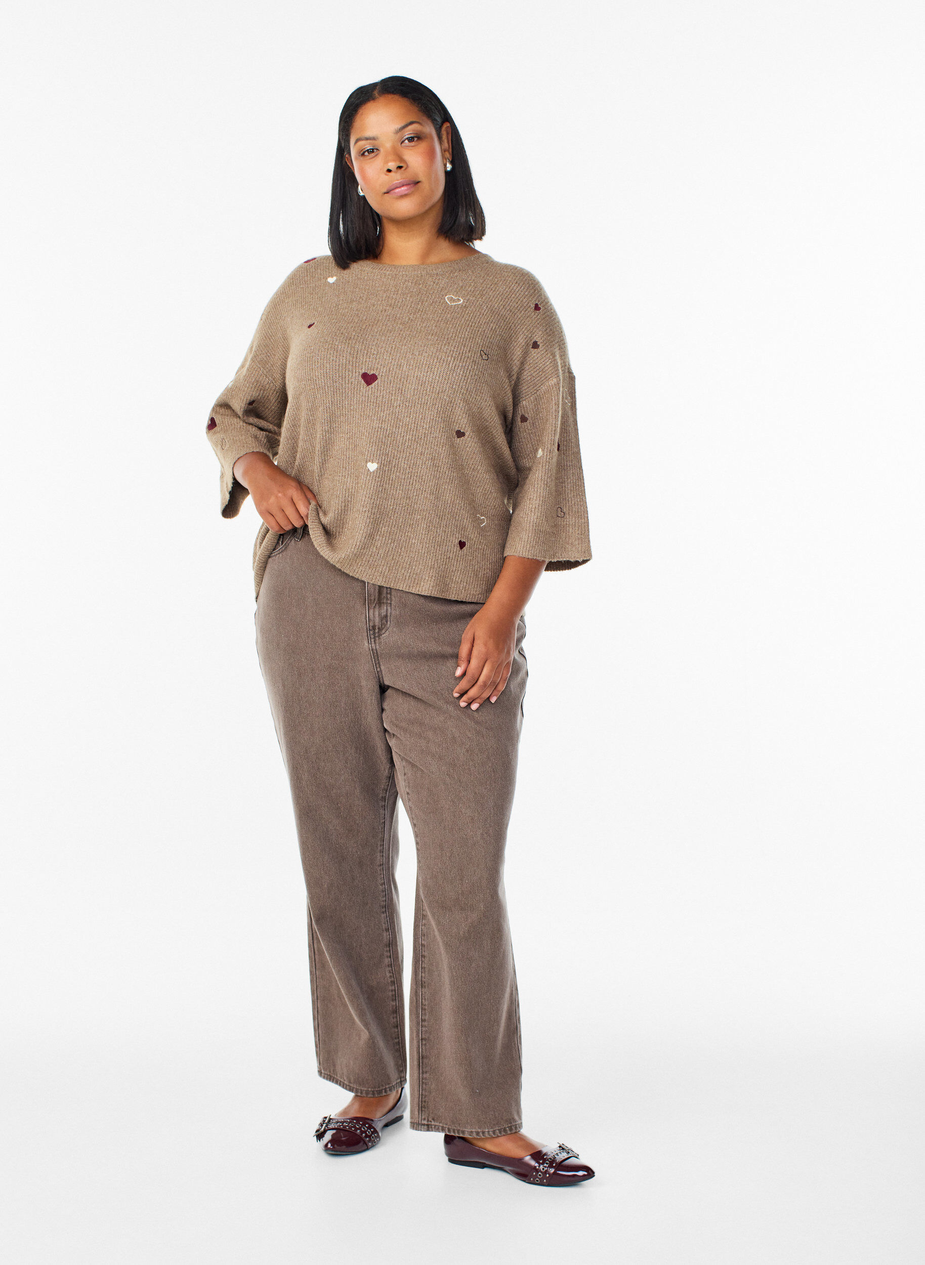 ZizziPullover mit Herzen und 3/4-&Auml;rmeln, Braun, Model image number 1