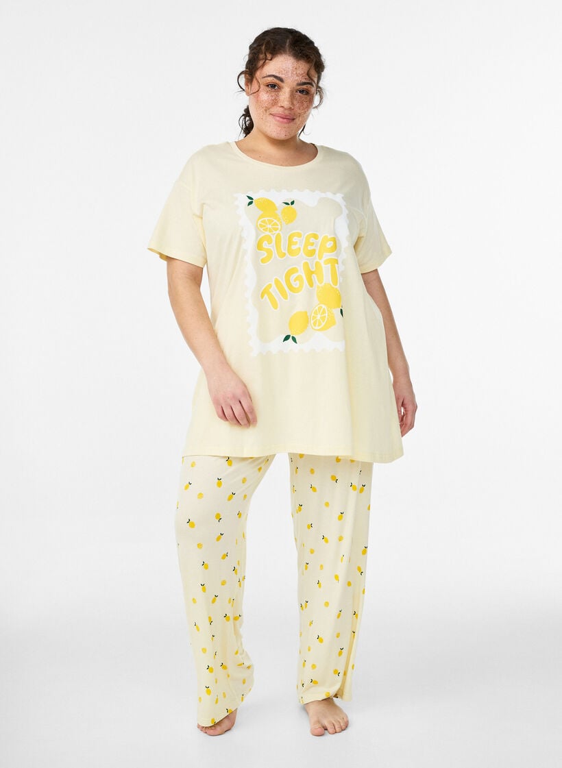 Pyjamahose aus weichem Jersey mit hoher Taille und Frucht-Print, Gelb, Model image number 0