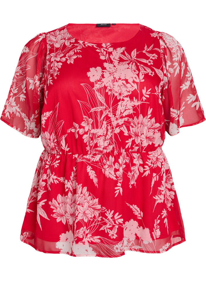 Chiffonbluse mit Blumenmuster und elastischer Taille, Rot, Packshot image number 0