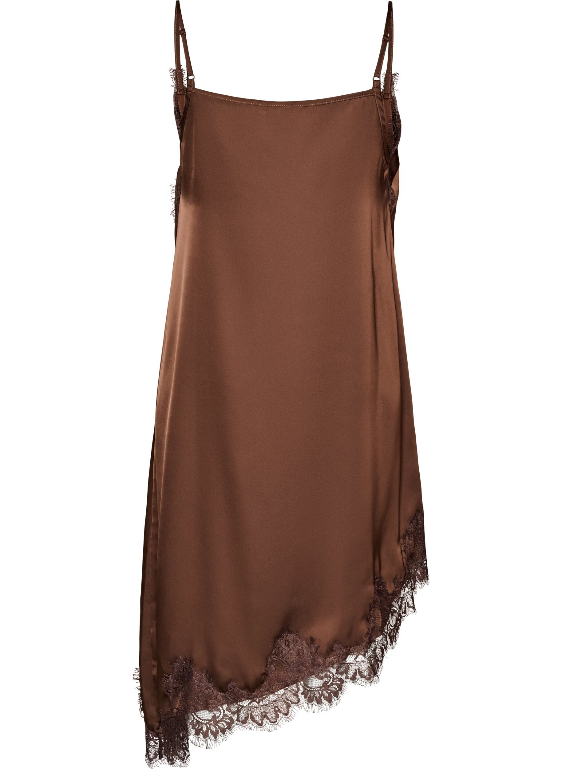 ZizziKleid aus Satin mit Spitze und asymmetrischem Saum, Braun, Packshot image number 1
