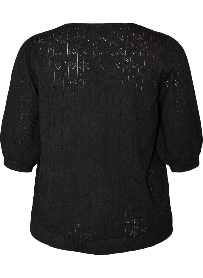 Kurz&auml;rmelige Bluse aus Strick mit Pointelle-Muster, Schwarz, Packshot image number 1