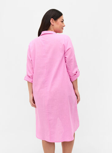 Gestreiftes Kleid aus Baumwolle und Leinen, Begonia Pink, Model image number 1