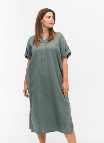 Langes kurzärmeliges Hemdkleid, Balsam Green, Model image number 0