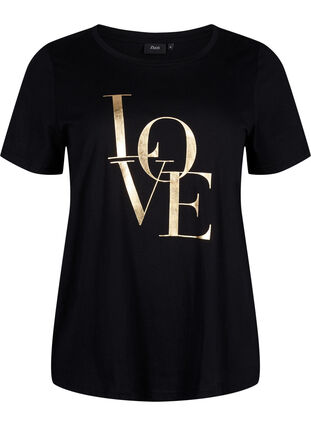 T-Shirt aus Baumwolle mit goldener Aufschrift, Black w. Gold Love, Packshot image number 0