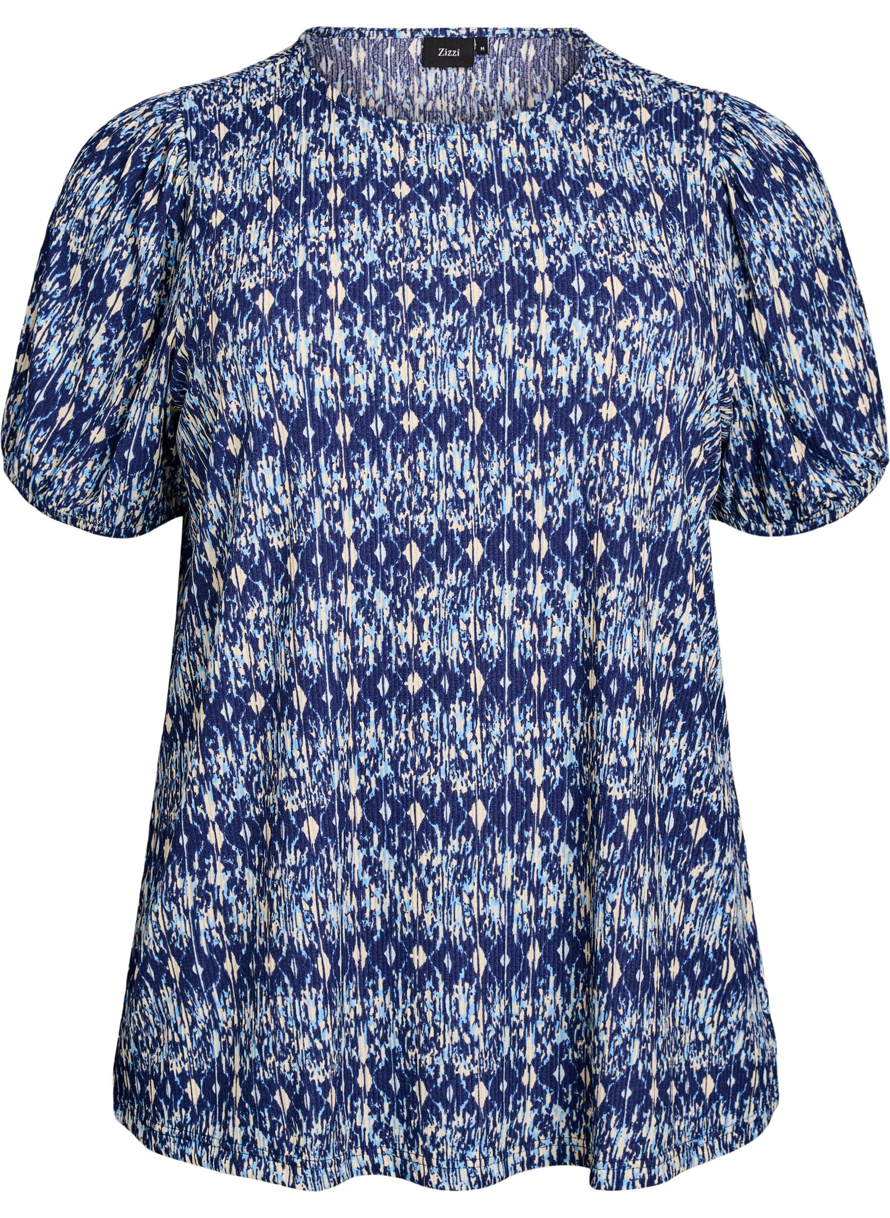 ZizziGemusterte Bluse mit kurzen &Auml;rmeln, Blau, Packshot image number 0