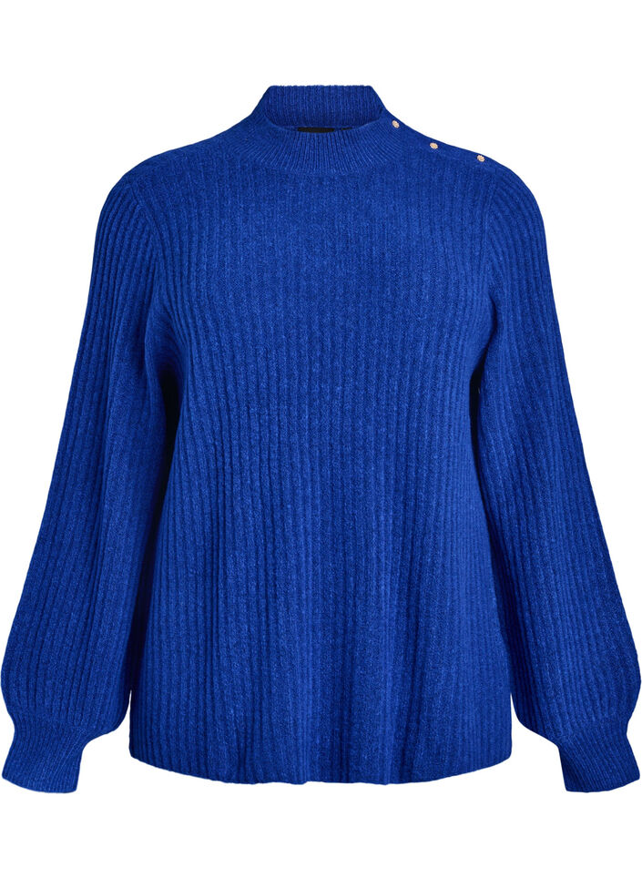Pullover aus Rippstrick mit Puff&auml;rmeln und Kn&ouml;pfen, Blau, Packshot image number 0