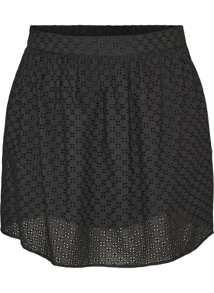 Kurzer Rock mit Broderie Anglaise und Gummizugbund, Schwarz, Packshot image number 0