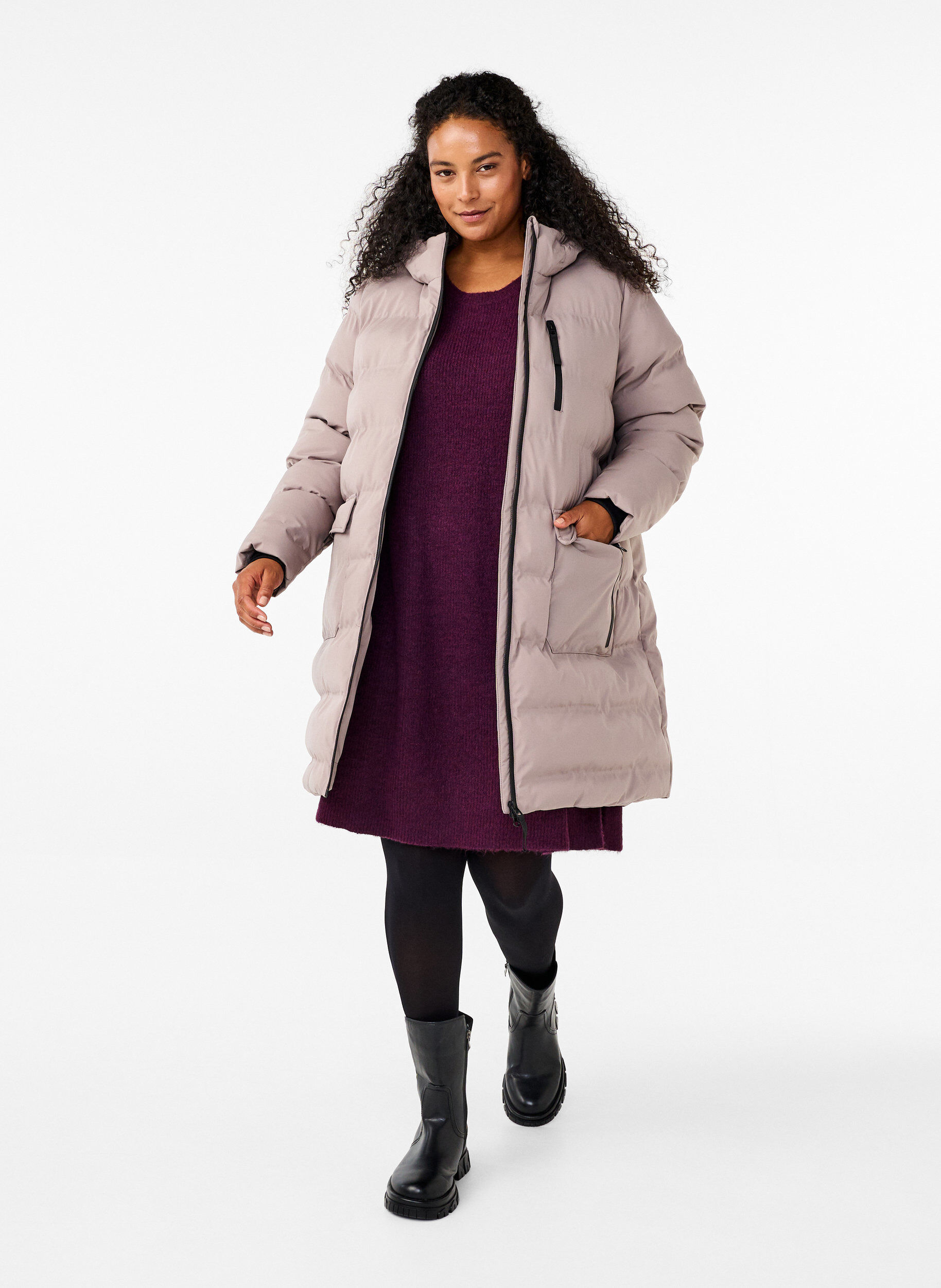 ZizziPuffermantel mit Kapuze und Taschen, Beige, Model image number 1
