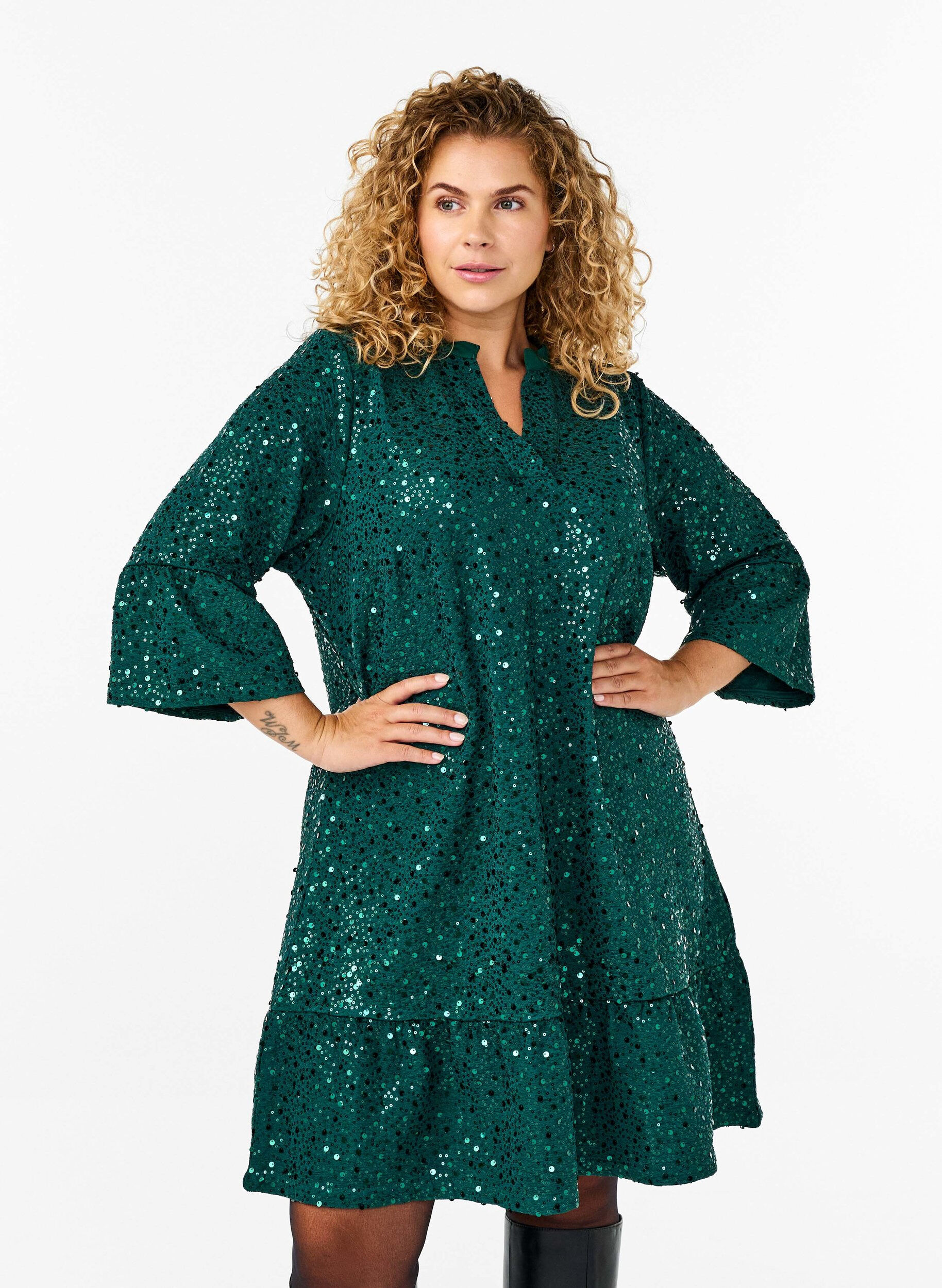 ZizziPaillettenkleid mit V-Ausschnitt und 3/4-&Auml;rmeln, Rain Forest, Model image number 0