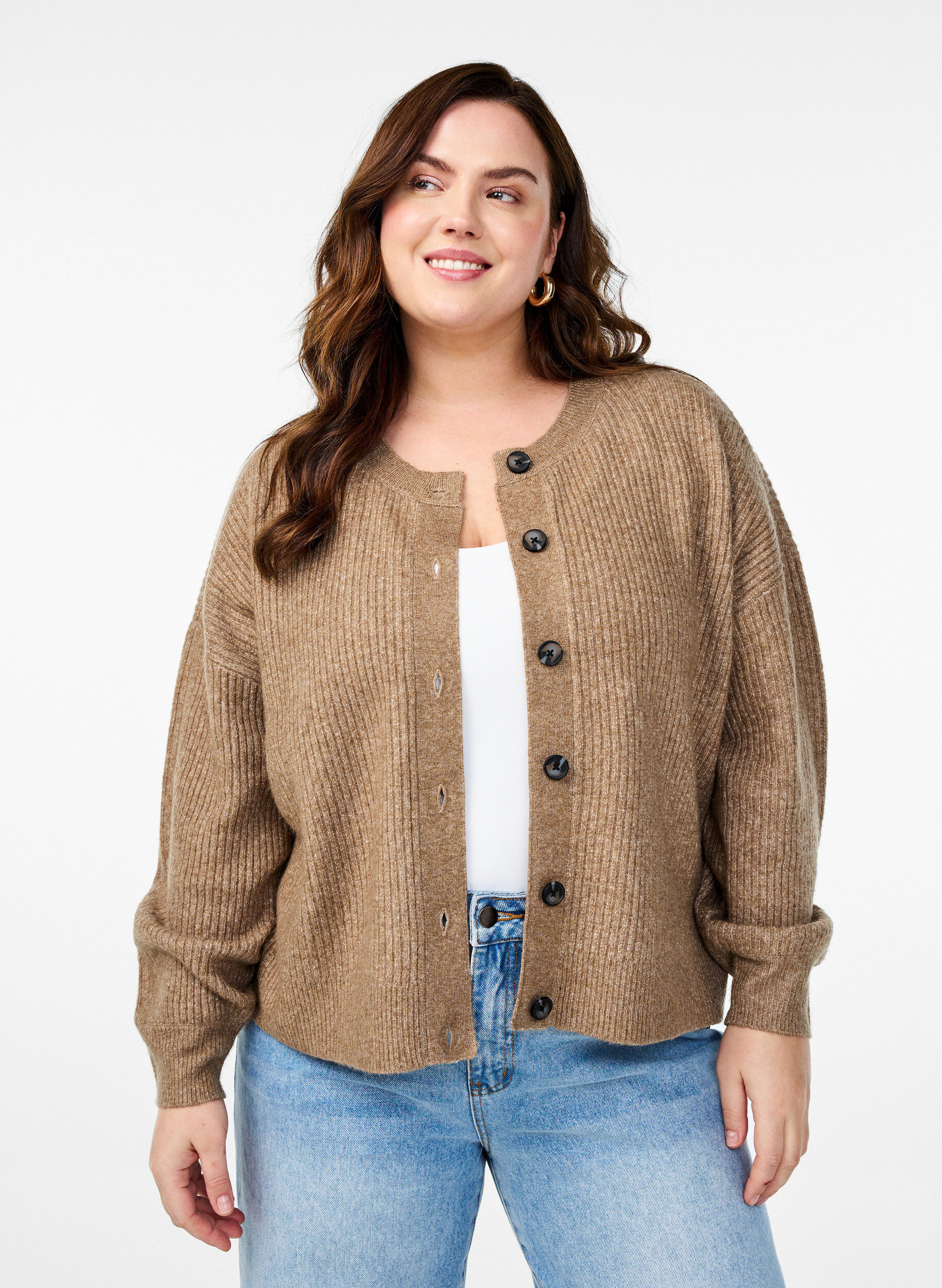 ZizziRippenstrick Strickjacke mit Kn&ouml;pfen, Braun, Model image number 0