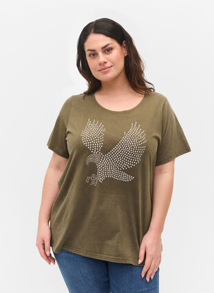 Acid Wash T-Shirt aus Baumwolle mit Ziersteinen, Ivy Green Wash, Model image number 0