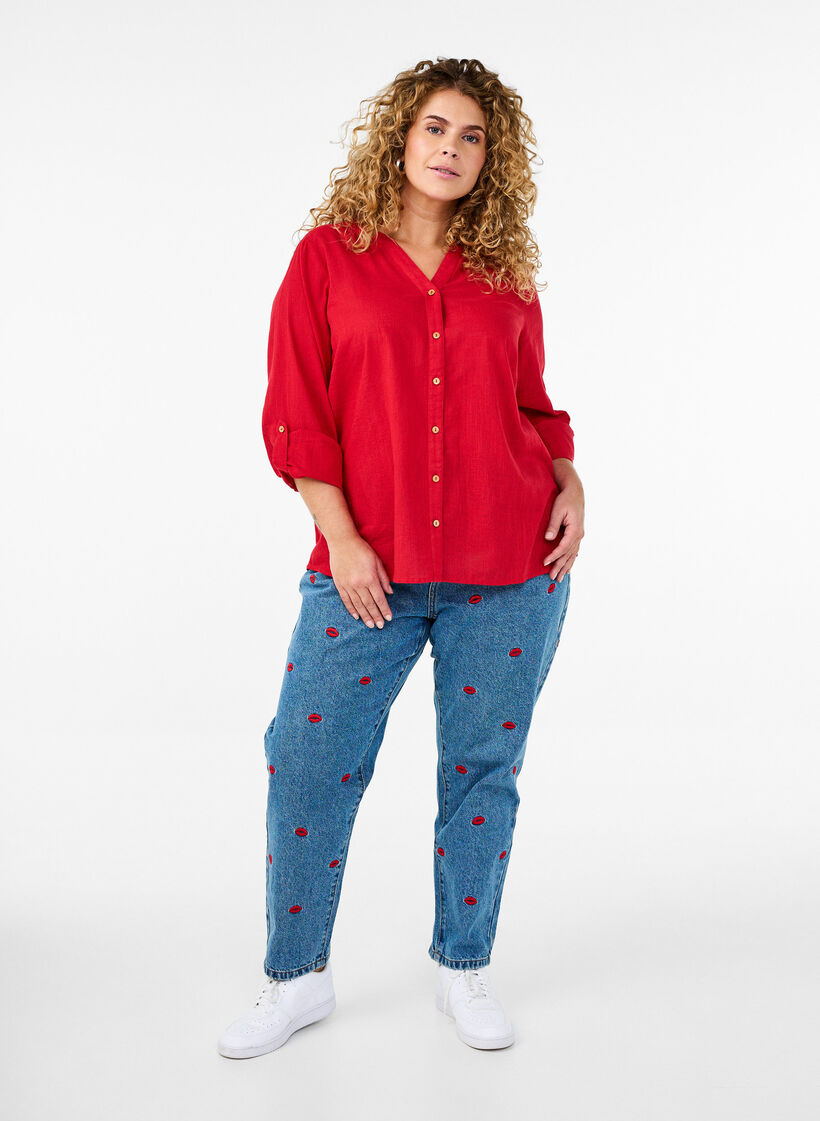 Baumwollbluse mit V-Ausschnitt, Rot, Model image number 1