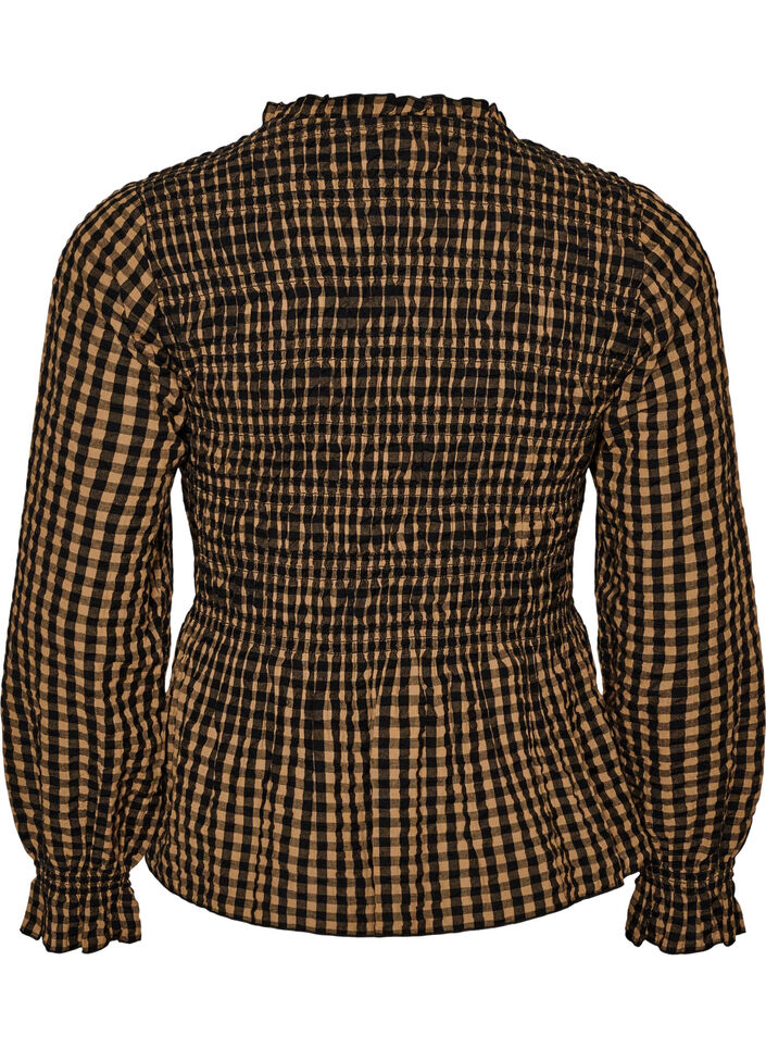 Karierte Bluse mit Smock und Sch&ouml;&szlig;chen, Braun, Packshot image number 1