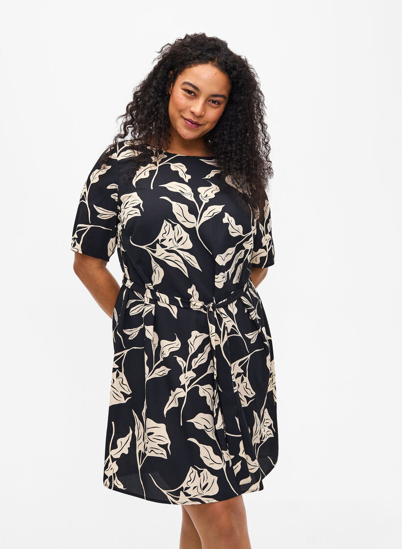 FLASH &ndash; Kurz&auml;rmeliges Kleid mit G&uuml;rtel, Black Off White Fl., Model image number 0